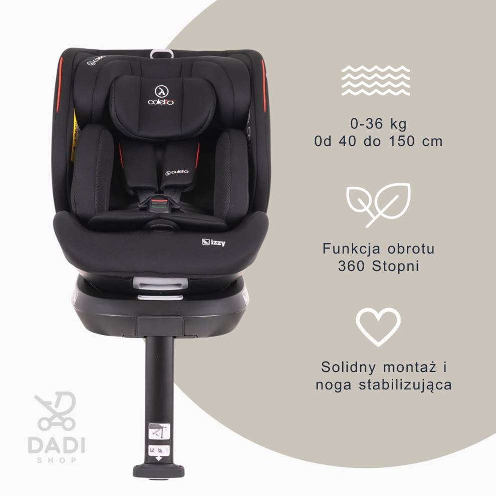 Prezentacja funkcji fotelika samochodowego Coletto Izzy I-Size 0-36 kg: obrót 360 stopni, noga stabilizująca oraz zakres użytkowania od 40 do 150 cm wzrostu dziecka.